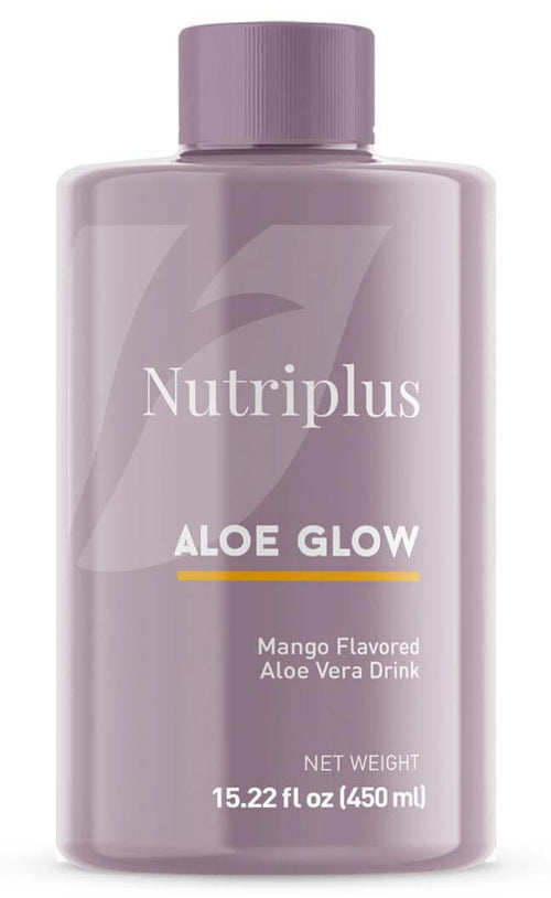 Botella de Nutriplus Aloe Glow Mango, bebida de aloe vera sabor mango de 450 ml.