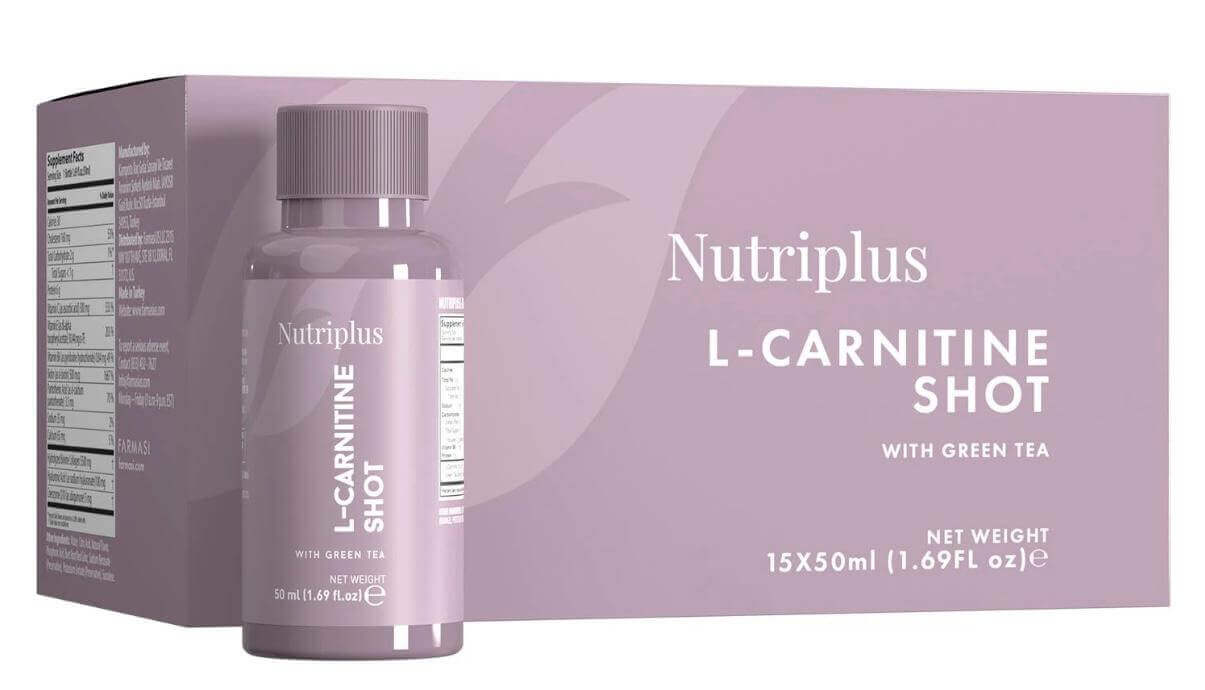Nutriplus L-CARNITINE SHOT, suplemento líquido para energía y resistencia, con té verde.
