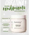 Nutriplus+ Creatine en envase, mejora rendimiento físico y muscular, energía en ejercicios intensos.