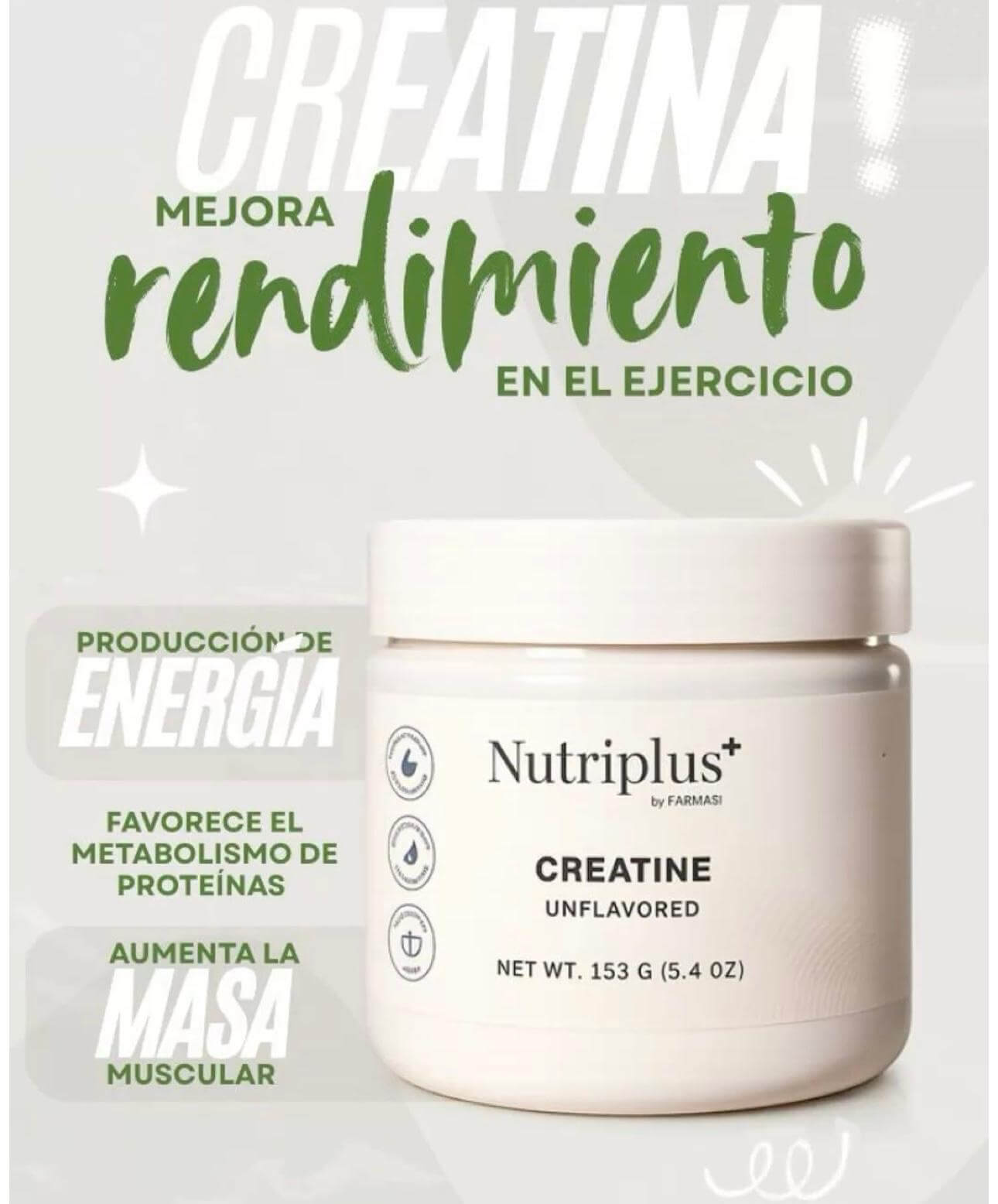 Nutriplus+ Creatine en envase, mejora rendimiento físico y muscular, energía en ejercicios intensos.